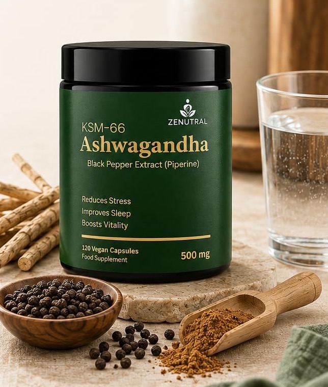 Zenutral Ashwagandha beside a glass of water, roots and black pepper