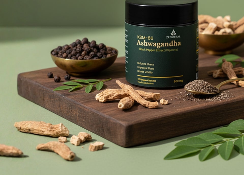 Zenutral Ashwagandha jar arranged with ashwagandha root, black pepper, and green leaves