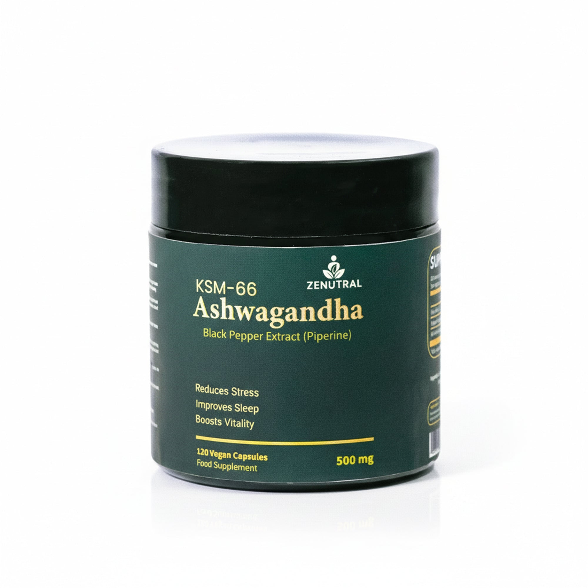 Front view of the authentic Zenutral KSM-66 Ashwagandha jar