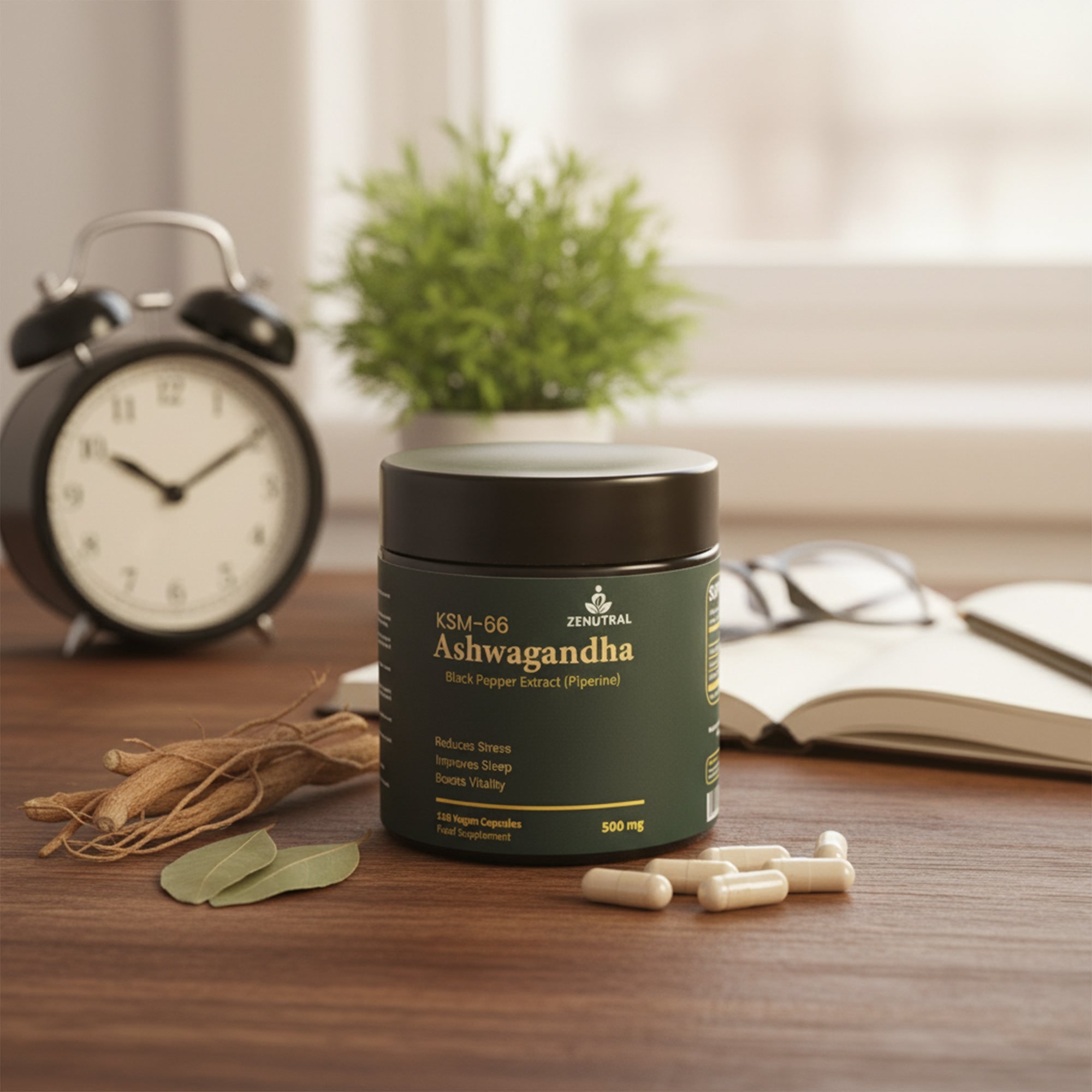Zenutral KSM-66 Ashwagandha jar with roots and capsules on a warm wooden surface