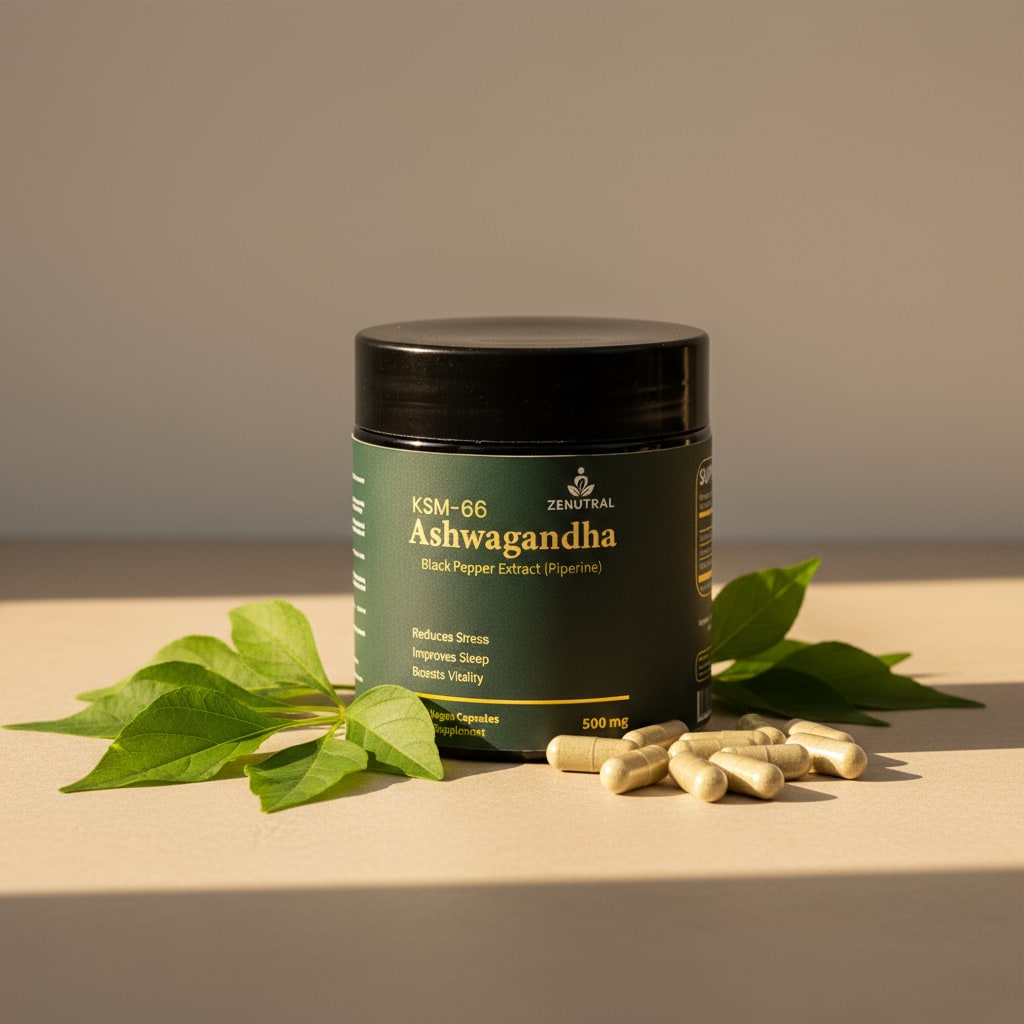 Zenutral Ashwagandha jar and capsules in warm sunlight with green leaves